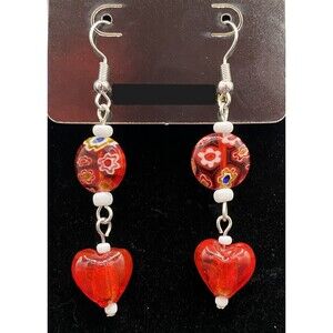 Handmade Red Glass Heart Millefiori & White Glass Bead Earrings by Neanie-Bot